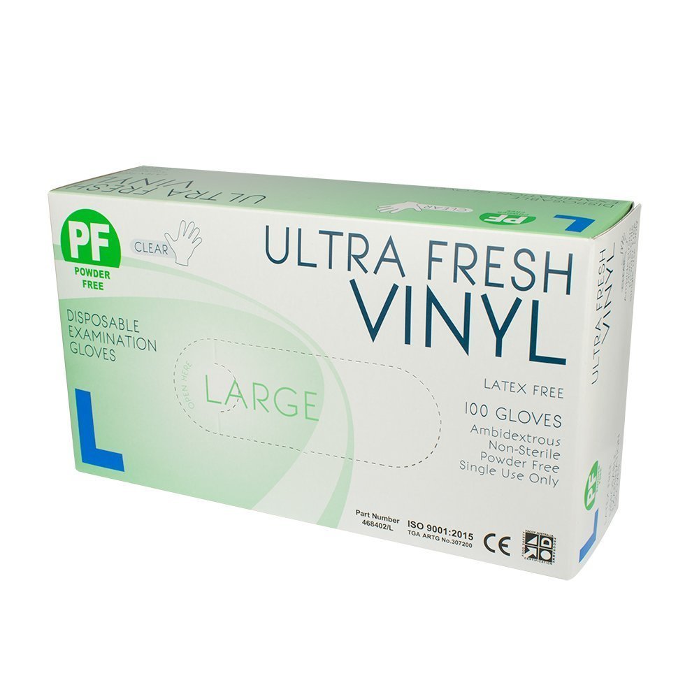 Ultra Fresh Vinyl Clear Disposable Powder Free Gloves 468402 online Australia - Aj Safety