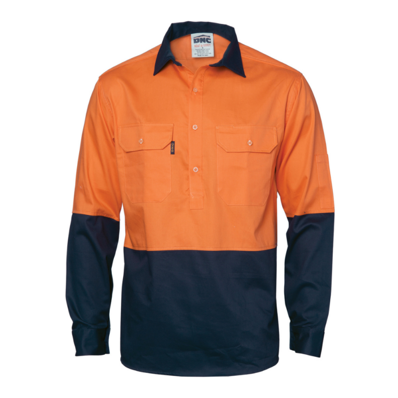 DNC 3834 - Hi Vis Two Tone Close Front Cotton Drill Shirt - Long Sleeve Gusset Sleeve