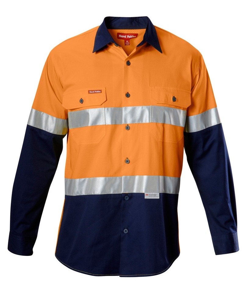 Hard Yakka:Y07978 Koolgear Hi-Visibility Two Tone Cotton Twill Ventilated Shirt With Tape Long Sleeve