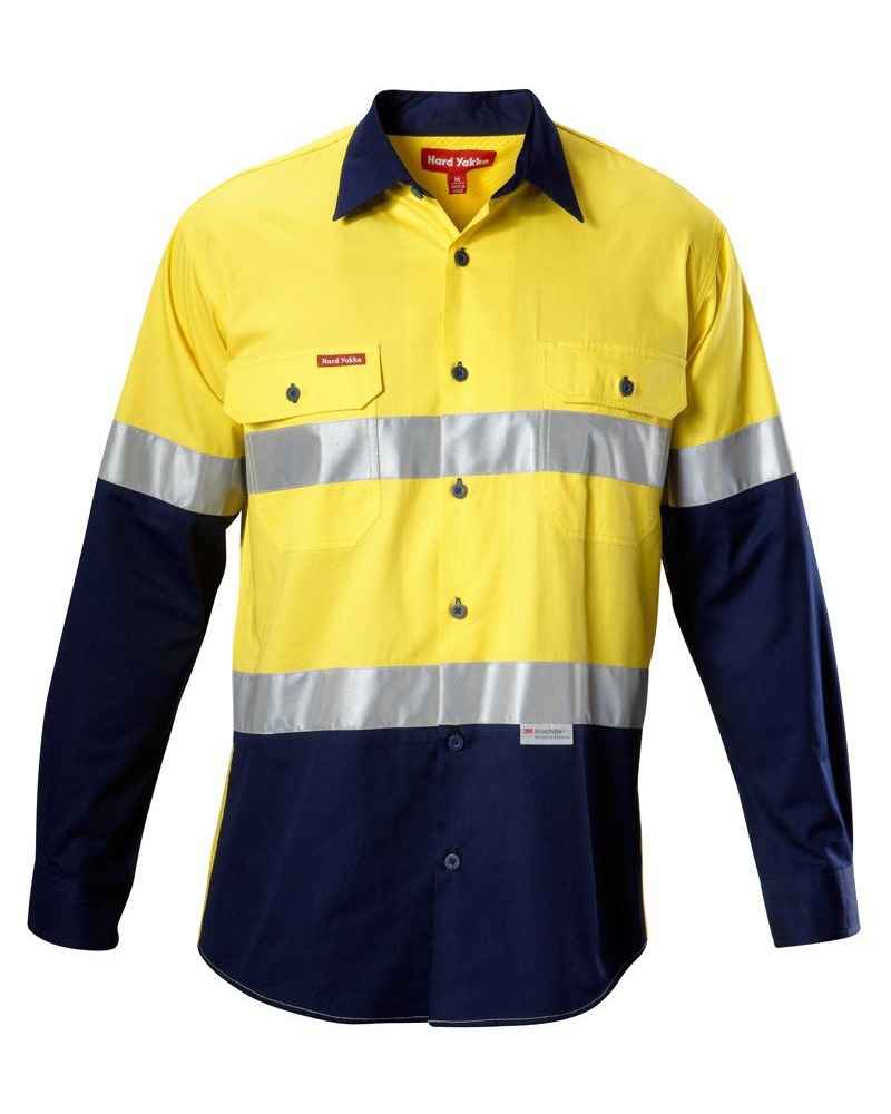 Hard Yakka:Y07978 Koolgear Hi-Visibility Two Tone Cotton Twill Ventilated Shirt With Tape Long Sleeve Y07984