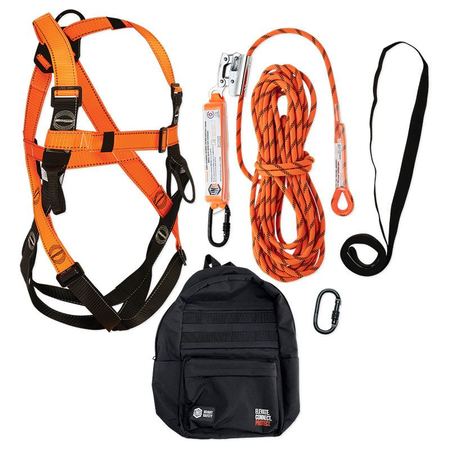 LINQ KITRBSC-BP Basic Roofers Kit with premium backpack, essential harness, kernmantle rope, rope grab, shock absorber, karabiners, and anchor strap for height safety work.